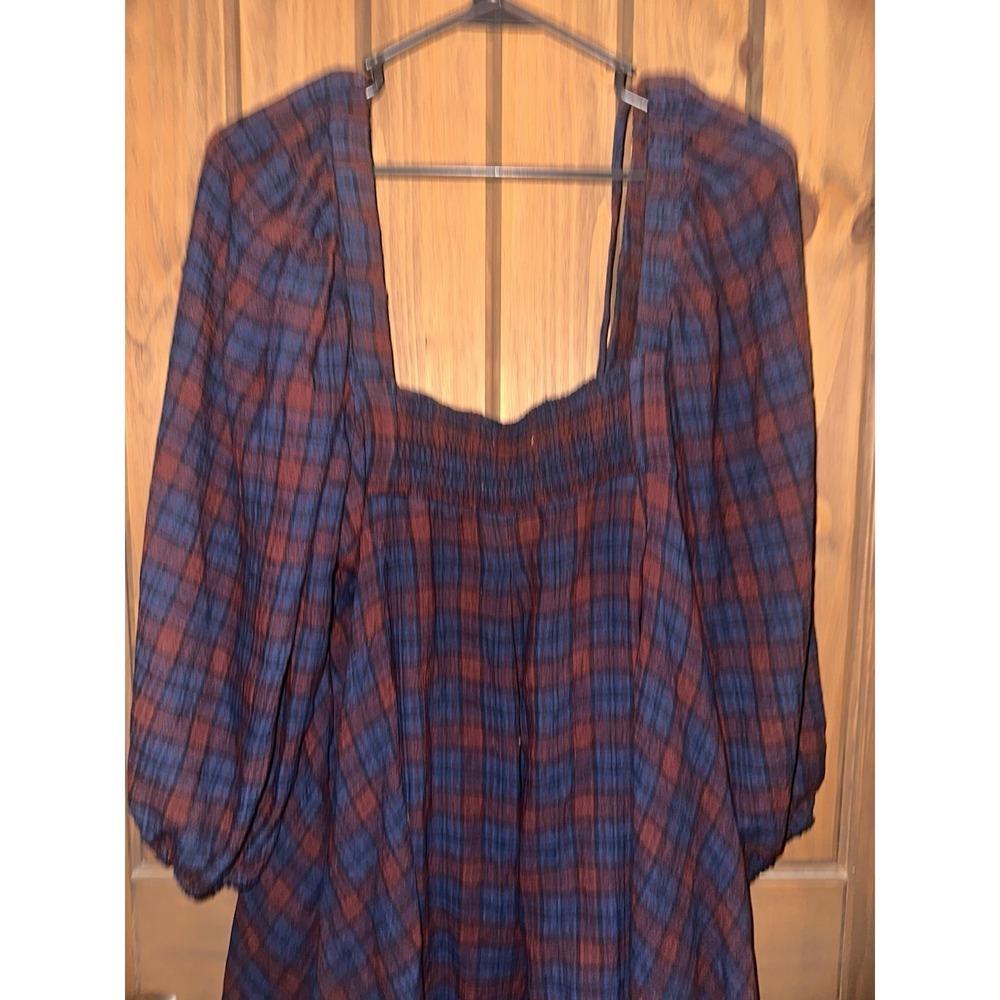 Urban Outfitters Dress Plaid Babydoll Mini Red Navy Square Neck Balloon Sleeve M - Picture 6 of 7